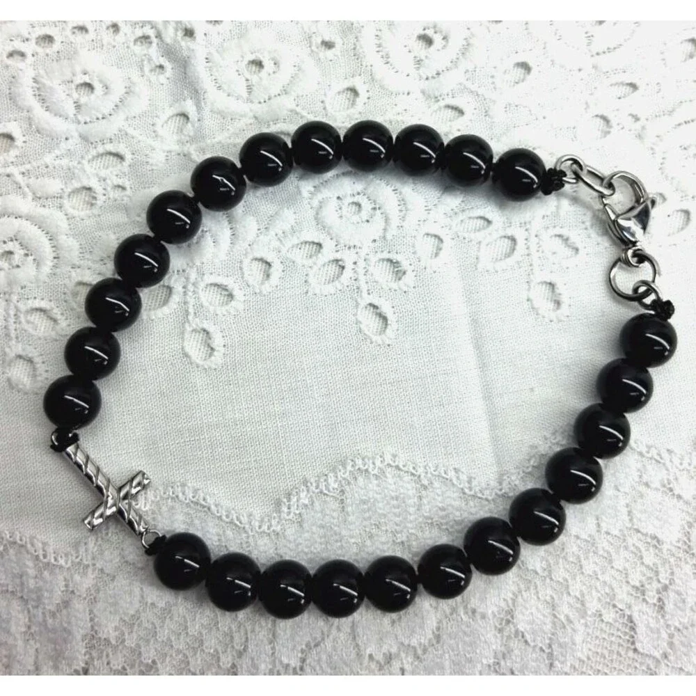 Mens Spirtual Black Glass Beaded Bracelet With Christian Cross Jewelry Faith